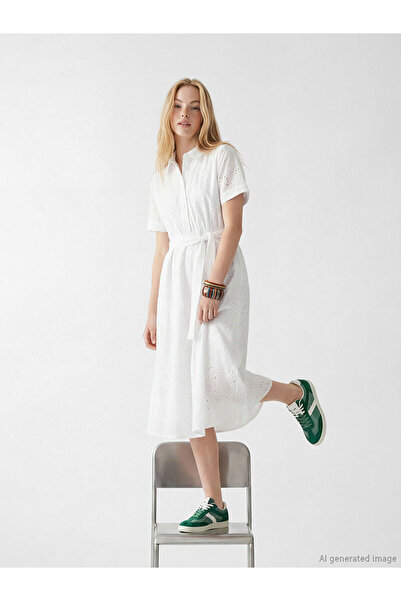 LC Waikiki NEVAVM Farkıyla XSIDE Λευκό διάτρητο φόρεμα πουκάμισο με κούμπωμα ...