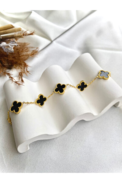stainless steell Siyah Clover Gold Çerçeve Yonca Model Çelik Bileklik