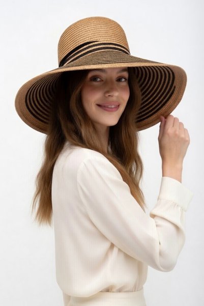 Mollycrush Women's Camel Black Striped Straw Beach Hat |   Wide Brim Sun Protection Fedora