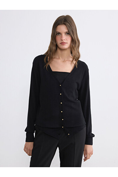 LC Waikiki Nevavm Farkıyla Lcw Everyday Black V-Neck Women's Knitwear Cardiga...