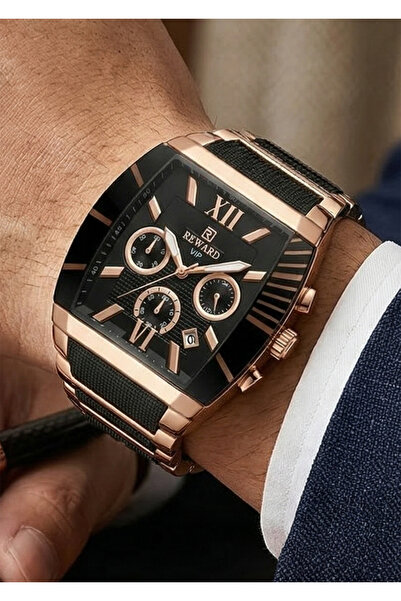 Reward Erkek Rose Gold Siyah Metal Silikon Kordon Siyah Kadran Kol Saati 2 Yı...