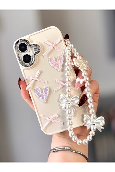 MİRAZ TASARIM IPHONE 16 TELEFON İPLİ/CHARMLI 3D FİYONK DEKORLU EKRU KILIF