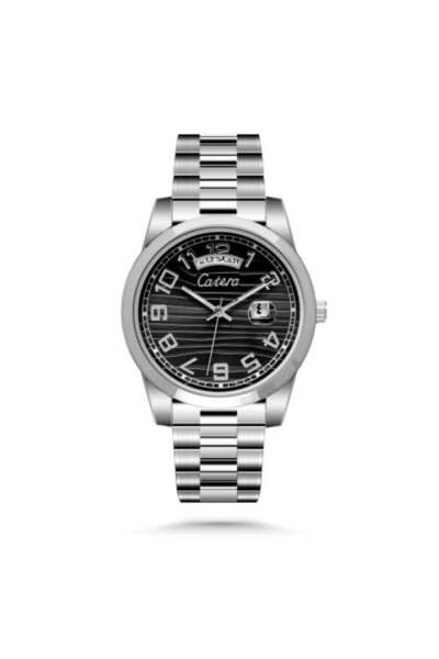 catera Date and Day Watch with Silver Color Steel Strap Black Dial
