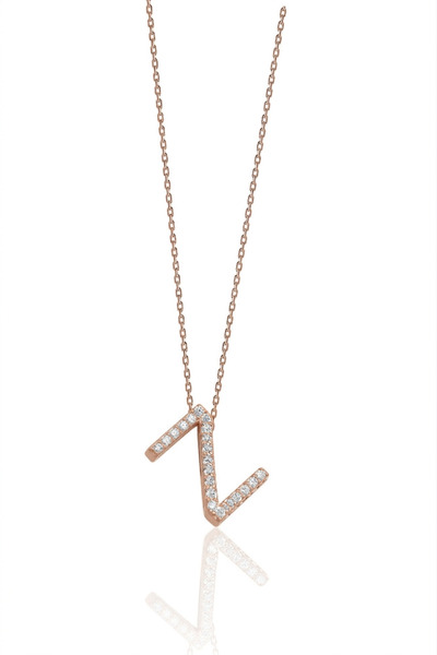 Ziu 925 Ayar Rose Zirkon Taşlı Harfli Gümüş Kolye Uzunluk 45 cm