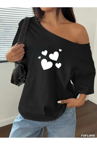 FUFLUNS ΓΥΝΑΙΚΕΙΟ T-SHIRT ΥΠΕΡΜΕΓΕΘΕΣ ΜΕ ΣΤΑΜΠΑ ΚΑΡΔΙΕΣ ΚΑΙ ΛΟΥΡΑΚΙ ΣΤΟ ΛΑΒΑΡΙΔΙ