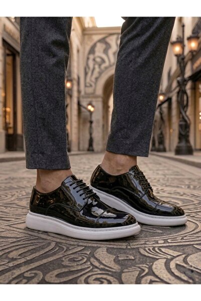 pabucmarketi Black Patent Leather (White Sole) Lace-Up Men's Classic Shoes