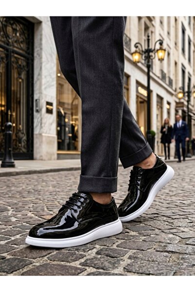 pabucmarketi Black Patent Leather (White Sole) Lace-Up Men's Casual Shoes