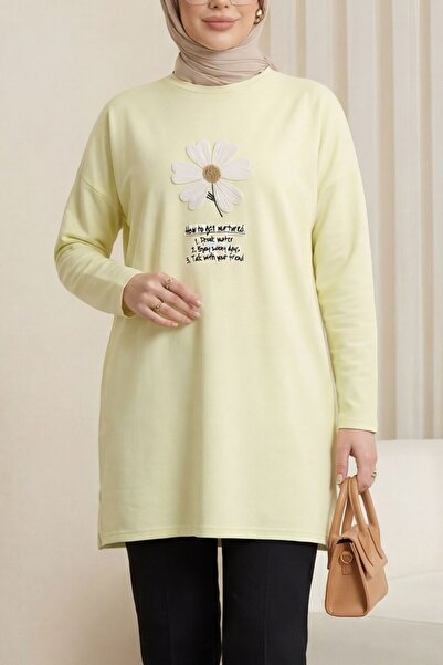 Modamorfo Floral Embroidered Crew Neck Combed Cotton Tunic - Light Yellow