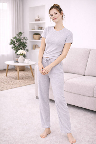MyBen Γυναικείο βαμβακερό γκρι σετ πιτζάμες - άνετη εφαρμογή - κοντομάνικο