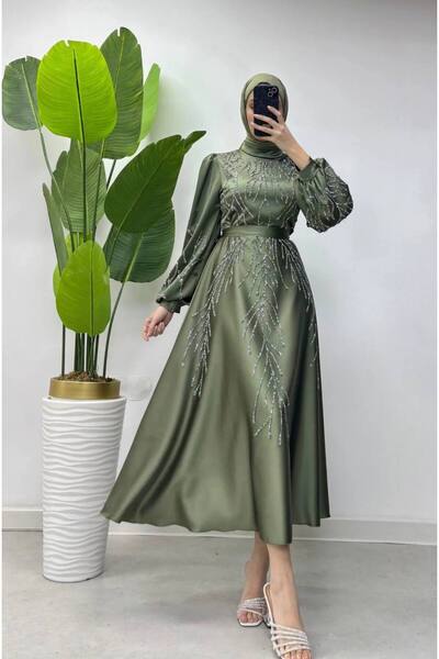 Chois&Chois TESETTÜR Yaprak Desen Taşlı Saten Tesettür Abiye Elbise