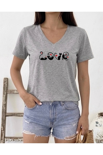 FUFLUNS Γυναικείο μπλουζάκι oversize με λαιμόκοψη V και σχέδιο Γάτα με Καρδιά