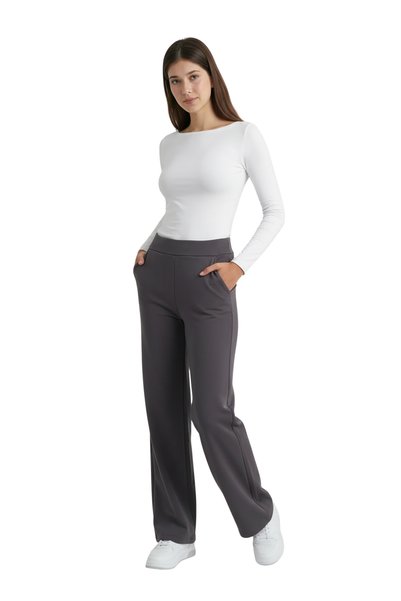ModaAzen Anthracite High Waist Lycra Straight Cut Women's Palazzo Trousers with Pockets