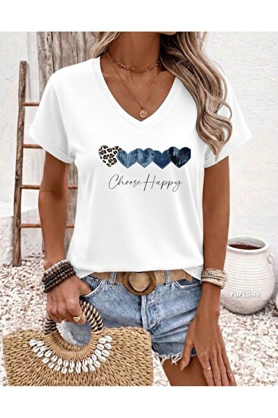 FUFLUNS اختر تي شيرت نسائي كبير الحجم بياقة على شكل حرف V مطبوع عليه من HAPPY...