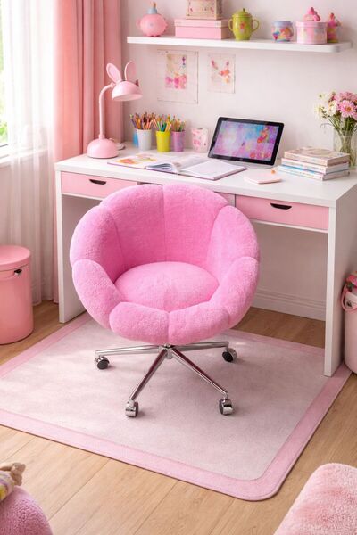 KOKİ DESİGN Papatya Şeker Pembe Peluş Kumaş Krom Ayaklı Çalışma Sandalyesi ve...