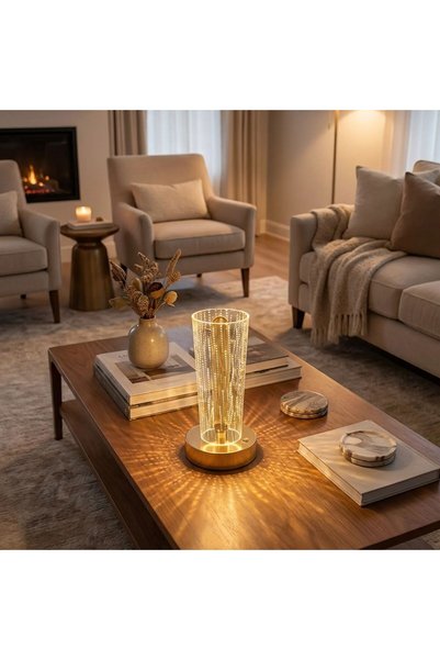 BY NEVSER ®   مصباح طاولة LED موديل سيلندريك كريستال بوينت - بقاعدة ذهبية، يع...