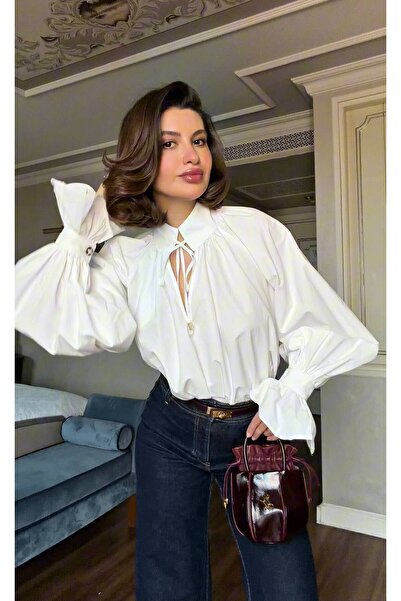 FEMMESTUDIO Γυναικείο λευκό πουκάμισο με λεπτομέρεια δεσίματος στο γιακά