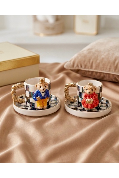 Ara Porselen İki Kişilik 24K Altın Detaylı Lüsterli El Yapımı Teddy Bear Türk...