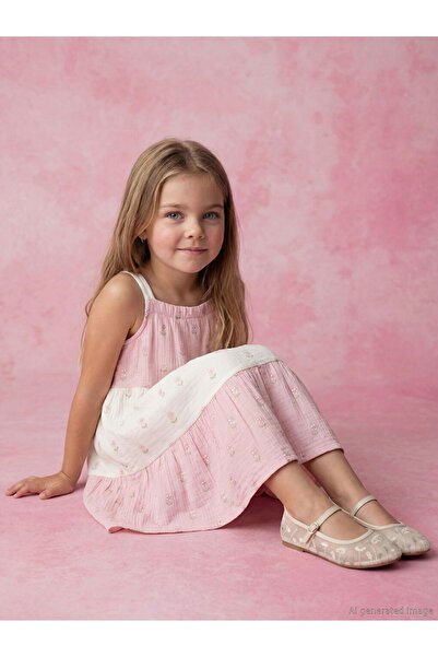LC Waikiki Lcw Kids Mixed Square Collar Embroidered Girls' Muslin Dress