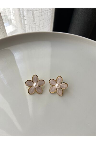 Anetta Jewelry Kadın altın renk ekru çiçek inci detaylı Çelik çivi model küpe