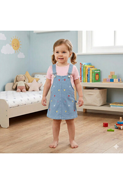 genybaby Kız Çocuk Kot Salopet Takım Kalp Nakışlı Askılı Jean Elbise + Body