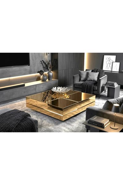 LUXURY VİLLA LUXURY KOMPLE GOLD AYNALI DEKORATIF TEKERLEKLI ORTA SEHPA 90 × 9...