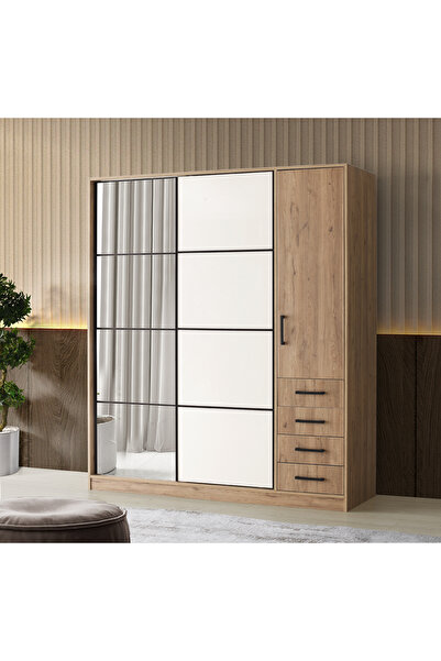 Erz Design Damla Modern Sürgülü Aynalı Elbise Dolabı Gardrop 180x60x210cm