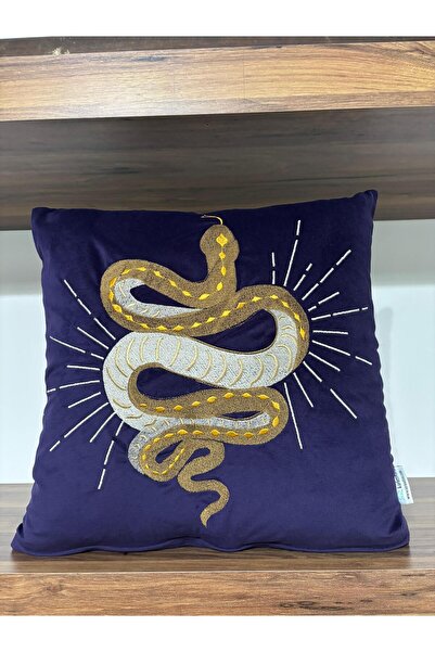 KIRLENTİM Μαξιλαροθήκη με κεντημένο σχέδιο φιδιού σε βελούδο ναυτικό μπλε