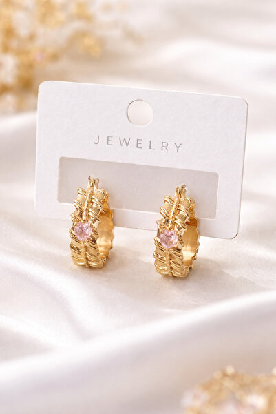 Sylvera Shop Vintage Hoop Earrings with Heart Stone Detail (Gold Color)
