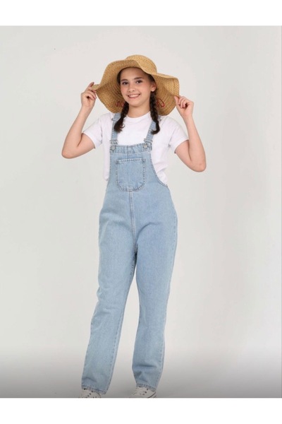 YARENKİDS Ανοιχτό μπλε πλυμένο τζιν σαλοπέτ - Τζιν φόρμα για κορίτσια
