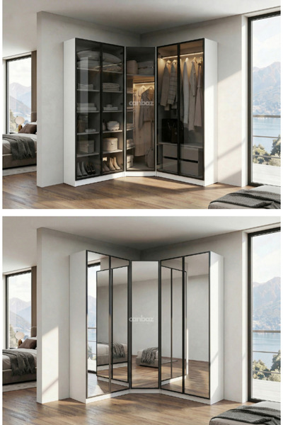 CANBAZ FURNİTURE Esla modüllü köşe 5 cam kapaklı %100 MDF (KURULUM DAHİL)