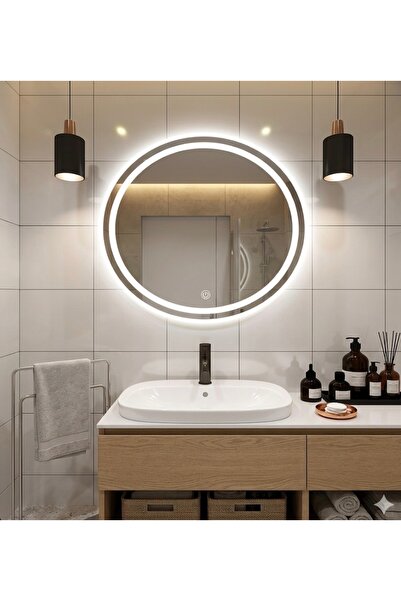 Rose Tasarım 70 Cm Çapında Beyaz Led'li Lavabo, Banyo, Duvar Aynası Kumlamalı...