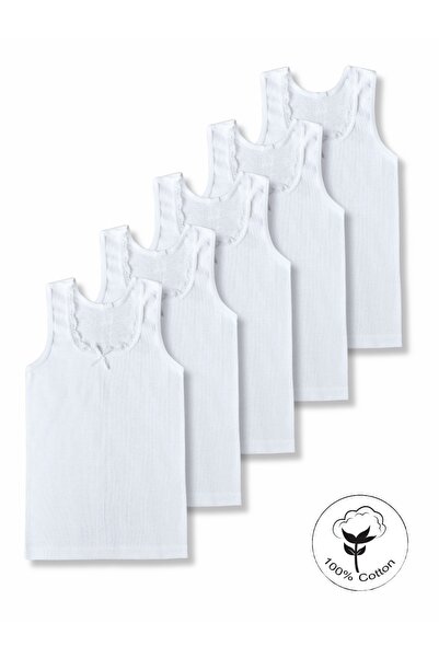 Panfilia %100 Pamuk Kız Çocuk Kalın Askılı Beyaz Atlet 5'li Set / Fanila / İç...