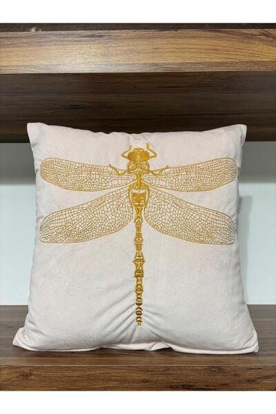 KIRLENTİM Μαξιλάρι με κεντημένο σχέδιο λιβελλούλη σε ανοιχτό ροζ βελούδο - Γε...