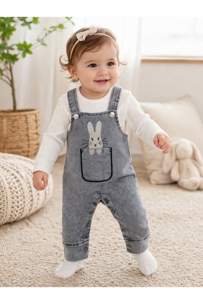 Pure Boutique Βρεφικό σετ δύο τεμαχίων, γκρι τζιν ολόσωμη φόρμα με σχέδιο κου...