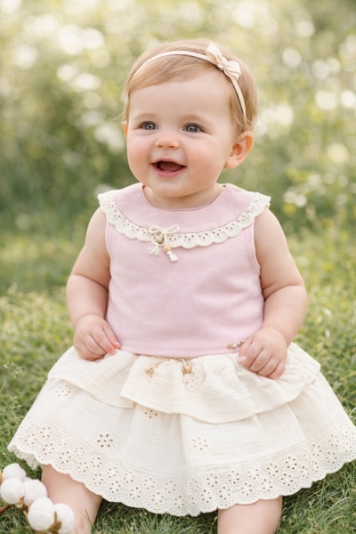 Pure Boutique Καλοκαιρινό σετ για κορίτσια, ροζ μπλούζα και φούστα από μουσελ...