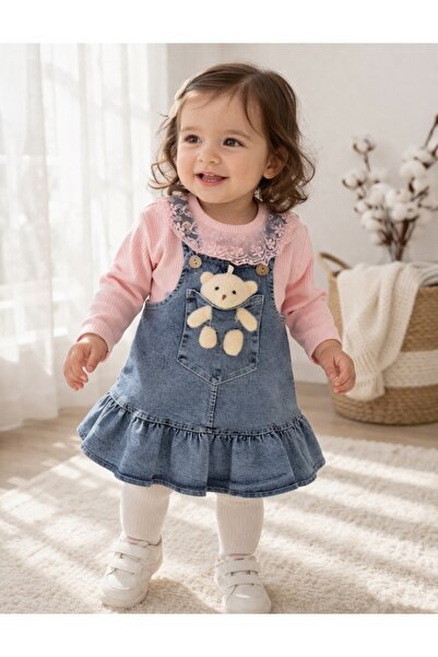 Pure Boutique Βρεφικό τζιν φόρεμα με βαμβακερή μπλούζα και απλικέ αρκουδάκι