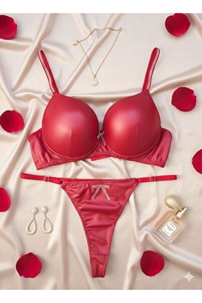 MAVEA Stone-Embellished Leather Bra Set with Bow Detailing and Padding