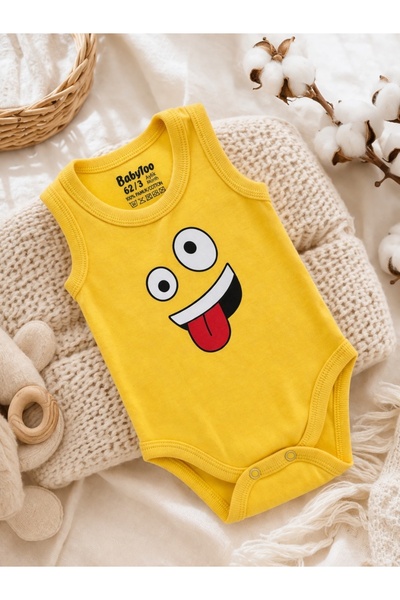 Pure Boutique Κίτρινο βαμβακερό βρεφικό κορμάκι με αστεία στάμπα emoji, αμάνικο