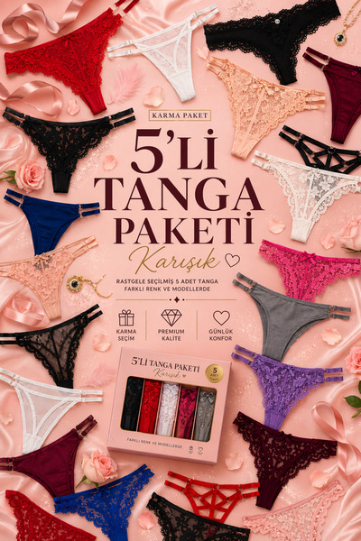 Yohannes Club Kadın, 5'li Karışık Tanga Seti, Mix Colors, Dantelli Tanga Çokl...