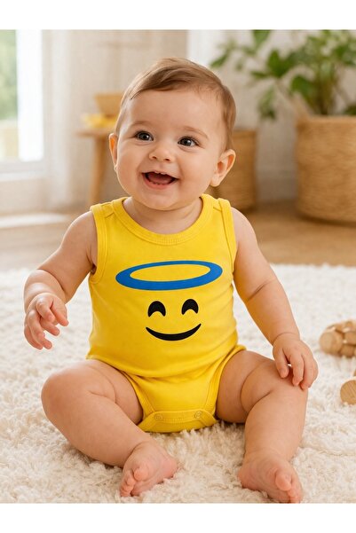Pure Boutique Κίτρινο βαμβακερό βρεφικό κορμάκι με στάμπα emoji με φωτοστέφαν...