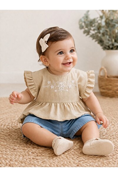 Pure Boutique Βρεφικό σετ δύο τεμαχίων σε μπεζ χρώμα με κέντημα και καλοκαιρι...