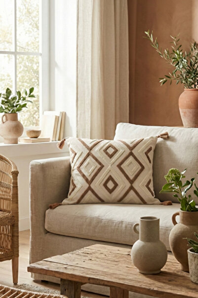 morlina home Dekoratif Etnik Kilim Punch Nakışlı Püsküllü Gizli Fermuarlı Kır...