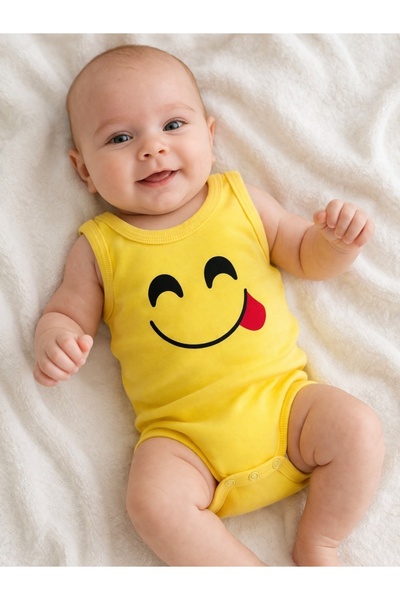 Pure Boutique Κίτρινο βαμβακερό βρεφικό κορμάκι με στάμπα emoji χαμόγελο, αμά...