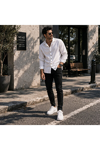 THANBUTİK κοτλέ Σετ Πλεκτό Πουκάμισο και Παντελόνι Τζιν Στενής Γραμμής