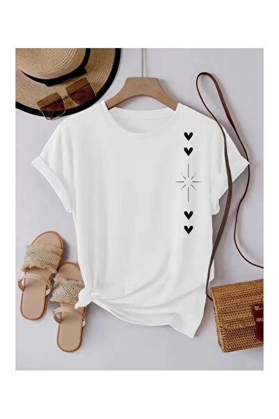 EYAX MODA Shining Heart Printed Oversize Women's T-Shirt / T-Shirt