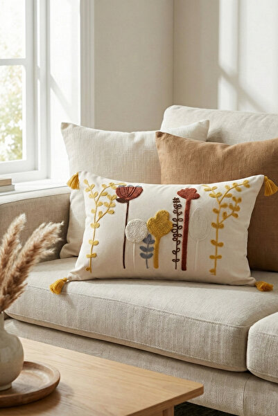 morlina home Dekoratif Kaktüs Desenli Punch Nakışlı Püsklüllü Gizli Fermuarlı...