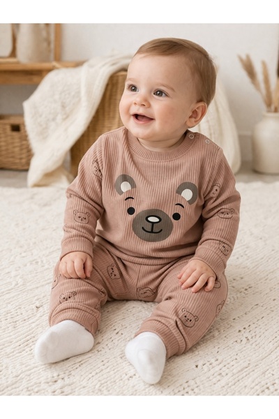 Pure Boutique Σετ μωρού δύο τεμαχίων, από καφέ ριμπ βαμβάκι με αρκουδάκι, μπλ...