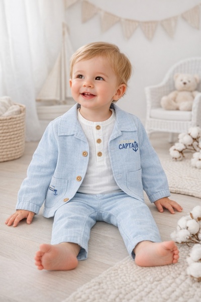 Pure Boutique Αγορίστικο σετ 3 τεμαχίων, μπλούζα, παντελόνι και γαλάζιο σακάκι