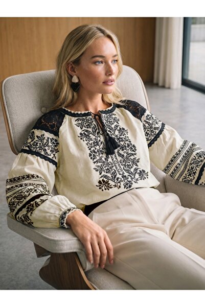 FancyWorld Μπλούζα με έθνικ σχέδιο, κεντημένη, με μανίκια μπαλόνι και φούντες