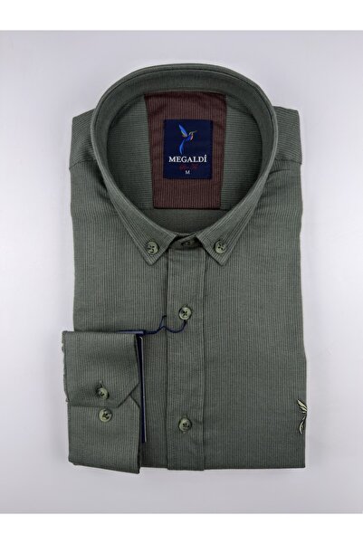 MEGALDİ Erkek Slim Fit Koyu Yeşil Likralı Esnek Uzun Kollu Gömlek